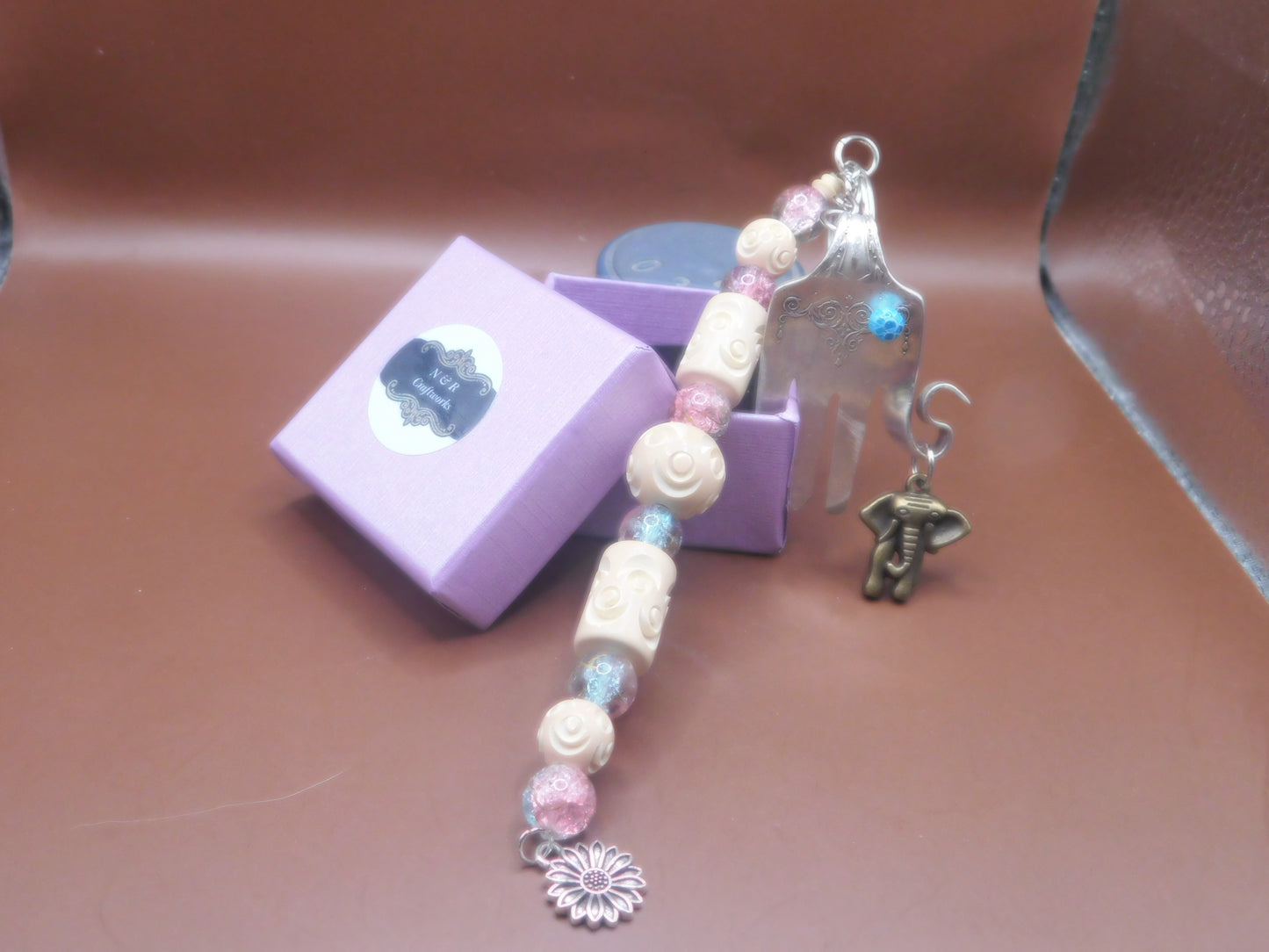 Elephant inspired fork keychain with beads