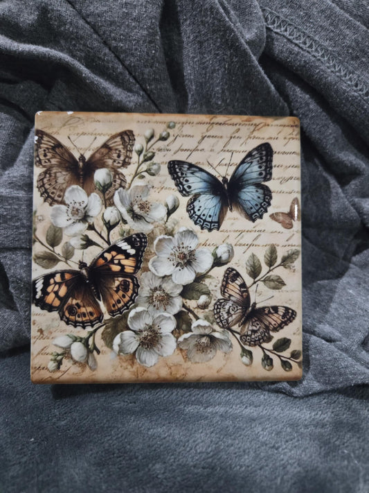 Butterfly ceramic coasters with cork backing (set of 2)
