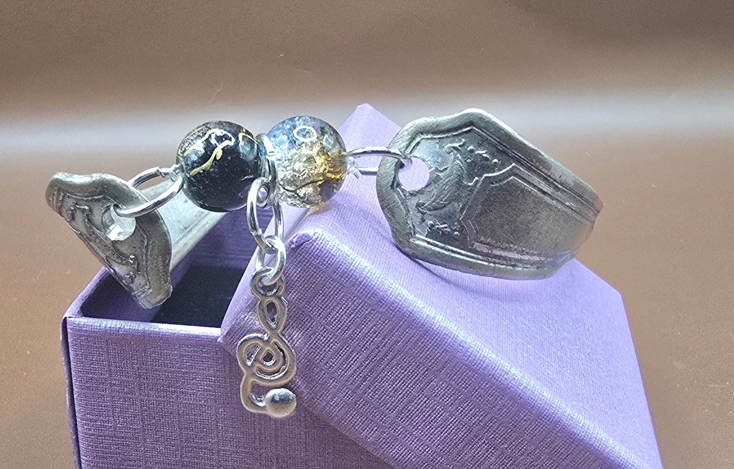Handmade vintage spoon handle bracelet with treble cleft music