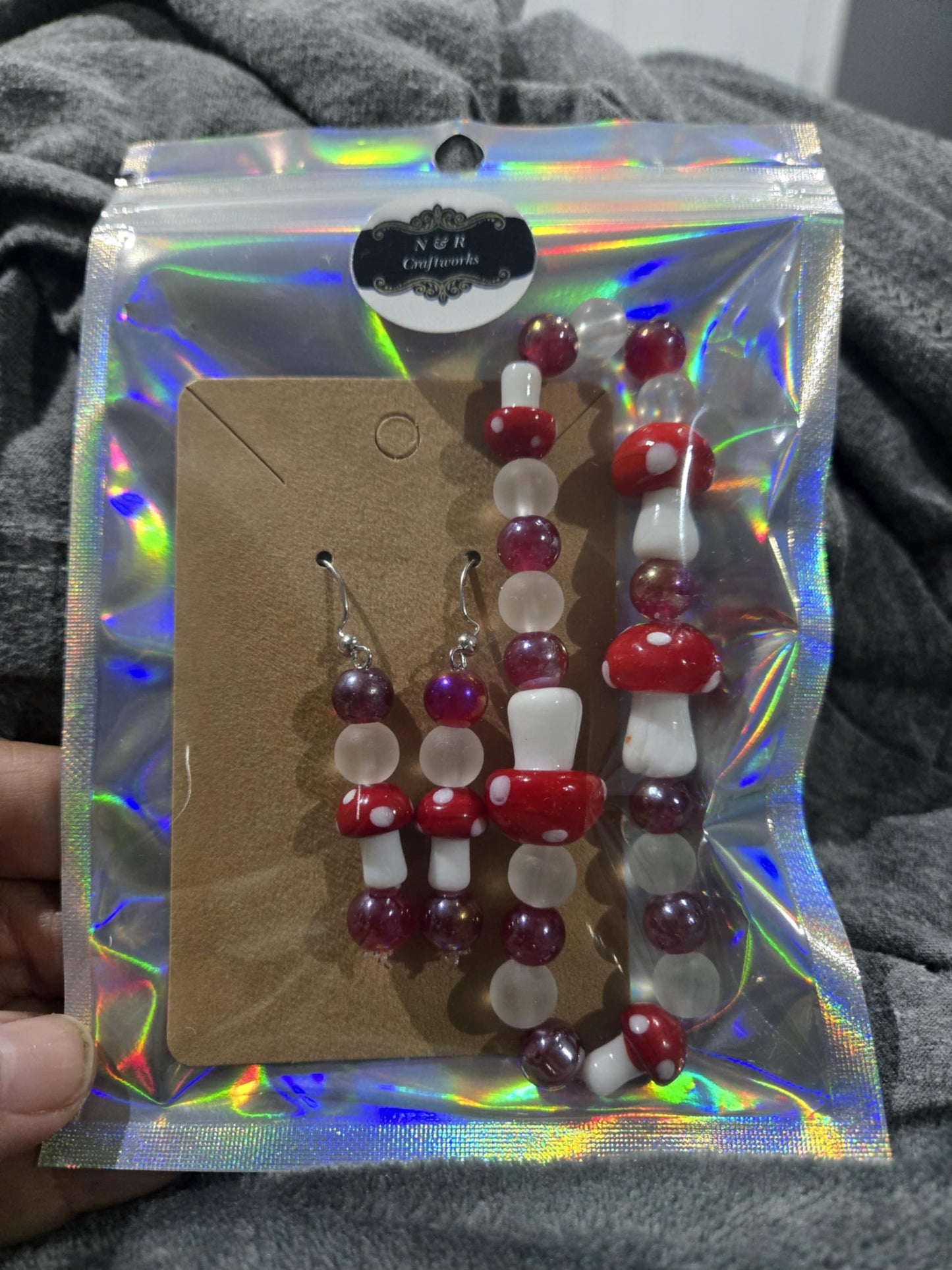 Glass beads mushroom  earrings and bracelet set