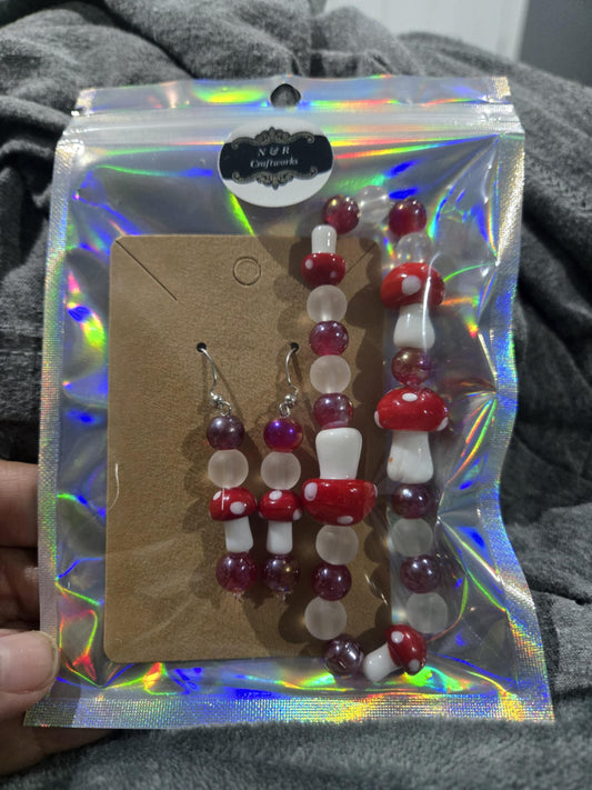 Glass beads mushroom  earrings and bracelet set